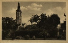 Lubomierz : wieża kościoła parafialnego od strony ogrodu