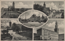 Oppeln : Stra&szlig;burgerplatz mit Peter-und Paul Kirche, Blick auf evgl. Kirche, kathol. Kirche und Rathaus, Bahnhof, Regierungsgeb&auml;ude mit Schlo&szlig;br&uuml;cke, Rathaus