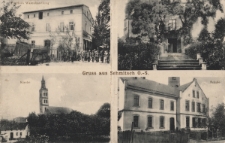 Gruss aus Schmitsch : Plitzko's Warenhandlung, Pfarrhaus, Kirche, Schule