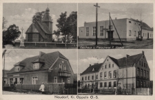 Neudorf, Kr. Oppeln : Kirche, Gasthaus u. Fleischerei F. Hirsch, Warenhandlung J. Buchmann, Schule