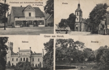 Gruss aus Norok : Fleischerei und Kolonialwarenhandlung F. Fleischer, Kirche, Schloss, F&ouml;rsterei