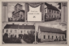 Gru&szlig; aus Salesche O.-Schl. : Kath. Kirche, Pfarrei, Neue Schule, Linek's Gasthaus