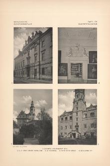 Tafel 176 Gesamtansichten : Liegnitz Steinmarkt No3 ; Grafenort Schloss (Ahnensaal, vom Kirchwege, Schlosshof)