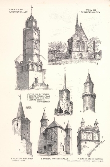 Tafel 186 Gesamtansichten : Patschkau Ratsturm ; Görlitz Kreuzkapelle ; Bögendorf Kirchturm ; Liegnitz Schloss Hedwigsturm ; Neustadt Niederthor ; Striegau Antoniuskapelle ; Ratibor Stockhausturm