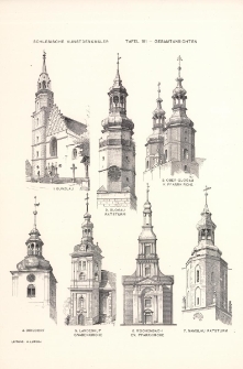 Tafel 191 Gesamtansichten : Bunzlau ; Glogau Ratsturm ; Ober-Glogau K. Pfarrkirche ; Dirsdorf ; Landeshut Gnadenkirche ; Reichenbach Ev. Pfarrkirche ; Namslau Ratsturm