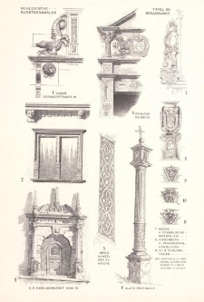 Tafel 99 Renaissance : Sagan Sorauerstrasse 18 ; Habelschwerdt Ring 72 ; Schloss Neudeck ; Brieg Kanzel der Ev. Kirche ; Glatz Pests&auml;ule ; Neisse K. Pfarrkirche Epitaph 1591 ; Hirschberg K. Pfarrkirche Kanzelfuss ; Schloss Sagan