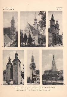 Tafel 152 Barock : Muskau Wendische Kirche ; Rotsürben ; Glogau Gymnasialkirche ; Würben von Südwest ; Beuthen A. O. Rathaus ; Schweidnitz K. Pfarrkirche (Spiegelbild) von Südwest