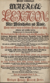 Grosses vollst&auml;ndiges Universal Lexicon Aller Wissenschafften und K&uuml;nste, Welche bi&szlig;hero durch menschlichen Verstand und Witz erfunden und verbessert worden : Darinnen so wohl die Geographisch-Politische Beschreibung des Erd-Creyses, nach allen Monarchien [...] Als auch eine ausf&uuml;hrliche Historisch-Genealogische Nachricht von den Durchlauchten und ber&uuml;hmtesten Geschlechtern in der Welt: Den Leben und Thaten der Kayser, K&ouml;nige, Churf&uuml;rsten und F&uuml;rsten, grosser helden, Staats-Minister, Kriegs-Obersten zu Wasser [...] Ingleichen von allen Staats- Kriegs- Rechts- Policey- und Hau&szlig;haltungs-Gesch&auml;fften des Adelichen und b&uuml;rgerlichen Standes [...] Wie nicht weniger die v&ouml;llige Vorstellung aller in den Kirchen-Geschichten ber&uuml;hmten Alt-V&auml;ter, Propheten, Apostel, P&auml;bste, Cardin&auml;le, Bisch&ouml;ffe, Pr&auml;laten und Gottesgelehrten [...] Endlich auch ein vollkommener Inbegriff der allergelehrtesten M&auml;nner, ber&uuml;hmter Universit&auml;ten, Academien, Societ&auml;ten. Bd.29 Pr-Pz