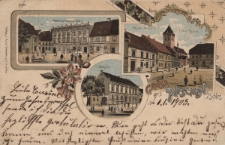 Gruss aus Pitschen O/Schles. : H&ocirc;tel zum Goldnen Adler, N&ouml;rdl. Ringzeite, Evang. Kirche, Schule