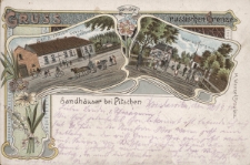 Gruss von der russischen Grenze : Sandh&auml;user bei Pitschen, Karl Bienecks Grenz Gasthaus, Grenz&uuml;bergang