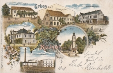 Gruss aus Kujau O/Schl. : Berliners Gasthaus, Gasthaus zur Post, Fr. Solloch's Waarenhaus, Kirche, Schloss, Brennerei u. Dampfs&auml;gewerk