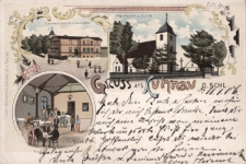 Gruss aus Kuhnau o. Schl. : Gasthaus zum schwarzen Adler, Pfarrkirche u. Schule, Saal