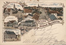 Gruss aus Deutsch Rasselwitz : Pfarrhaus, Kirche, Boebel's Gasthaus zum schw. Adler, Gesammt Ansicht vom Viadukt, Apotheke, Carl Preiskers Waarenhandlung, Gasthof zur Wilhelmshöh, Engels Villa