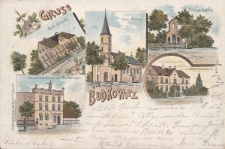 Gruss aus Budkowitz : Kath. Schule, Kath. Kirche, St. Anna Kapelle, Waarenhandlung von Fr. Karwath, Kath. Pfarrhaus