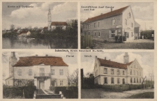Schmitsch, Kreis Neustadt O.-Schl. : Kirche mit Dorspartie, Gesch&auml;ftshaus Josef Gensior und Post, Pfarrei, Schule