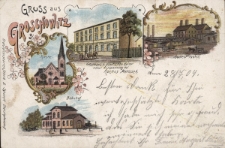 Gruss aus Groschowitz b/Oppeln : Kirche, Bahnhof, Gasthaus z. deutschen Kaiser nebst Ausspannung bei Rochus Malossek, Cement Fabrik