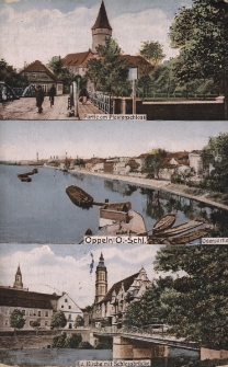 Oppeln O.-Schl. : Partie am Piastenschloss, Oderpartie, Ev. Kirche mit Schlossbr&uuml;cke