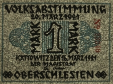 Katowice : [awers:] Volksabstimmung 20. M&auml;rz 1921, 1M [rewers:] Rysunek kopalni 1865 1 M