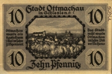 Otmuch&oacute;w : [awers:] Stadt Ottmachau 10 Pf. [rewers:] Ottmachau wurde als Kastell zum 1. Mai im Jahre 1155 genannt. Das Stadtrecht wurde Otmachau im Jaher 1348 verliehen