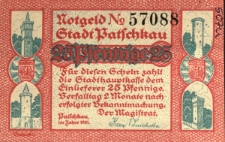 Paczk&oacute;w : [awers:] Notgeld N 57088 Stadt Patschkau 25 Pf. [rewers:] Kath. Pfarrkirche