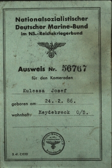Ausweis Nr.56767 f&uuml;r den Kameraden Kulessa Josef...
