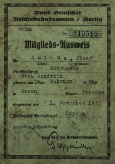 Mitglieds-Ausweis f&uuml;r Kulessa Josef...Lokf&uuml;hrer