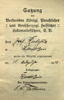 Satzung des Verbandes...Lokomotivf&uuml;hrer...Josef Kulessa in Kandrzin