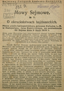 Mowy Sejmowe nr 7. O okrucieństwach hajdamackich. Mowa posła tarnopolskiego, prezesa Związku L.-N. w Małopolsce, Jana Zamorskiego