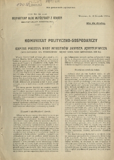 Komunikat polityczno-gospodarczy. Expose prezesa Rady Ministr&oacute;w Janusza Jędrzejewicza.