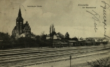 Choszczno : widok na dworzec towarowy i na kości&oacute;ł