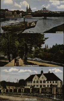 Brzeg : fragment panoramy miasta zza Odry z mostem, fragment Parku Nadodrzańskiego, budynek Królewskiego Seminarium Nauczycielskiego