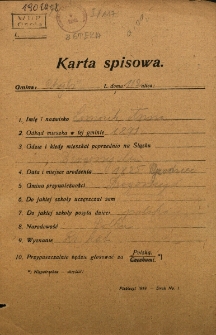 Karta spisowa. Treść: m.in. imię i nazwisko, data i miejsce urodzenia, gmina przynależności, narodowość, wyznanie