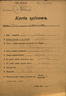 Karta spisowa. Treść: m.in. imię i nazwisko, data i miejsce urodzenia, gmina przynależności, narodowość, wyznanie