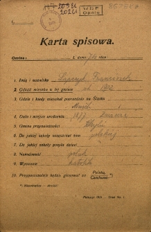 Karta spisowa. Treść: m.in. imię i nazwisko, data i miejsce urodzenia, gmina przynależności, narodowość, wyznanie