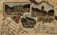 Byczyna : hotel &bdquo;Pod Złotym Orłem&rdquo;, p&oacute;łnocna pierzeja rynku z kościołem ewangelickim oraz szkoła