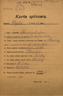 Karta spisowa. Treść: m.in. imię i nazwisko, data i miejsce urodzenia, gmina przynależności, narodowość, wyznanie