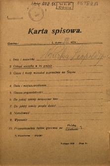 Karta spisowa. Treść: m.in. imię i nazwisko, data i miejsce urodzenia, gmina przynależności, narodowość, wyznanie