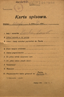 Karta spisowa. Treść: m.in. imię i nazwisko, data i miejsce urodzenia, gmina przynależności, narodowość, wyznanie