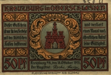 Kluczbork : [awers:] Kreuzburg in Oberschlesien. 50Pf [rewers:] Panorama miasta z postaciami mężczyzn z kosą i młotem