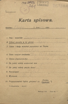 Karta spisowa. Treść: m.in. imię i nazwisko, data i miejsce urodzenia, gmina przynależności, narodowość, wyznanie
