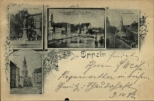 Gruss aus Oppeln : Denkmal Kaiser Wilhelm I, Das rechte Oder-Ufer mit Evang. Kirche Synagoge u. Rathaus-Thurm, Piastenschloss