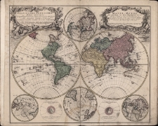 Planiglobii Terrestris Mappa Universalis Utrumque Hemisphaerium Orient et Occidentale repraesentans Ex IV mappis generalibus Hasianis composita et adjectis ceteris hemisphaeris designata a G.M.Lowizio = Monde qui represente les deux Heinispheres savoir celui de l'Orient et celui de l'Occident tir&eacute;e des quatre Cartes generales de feu M. le Professeur Hasius, dress&eacute;e par M.G.M.Lowitz, et publi&eacute;e par les Heritiers de Homann. Avec Privil.Imper. l'An 1746