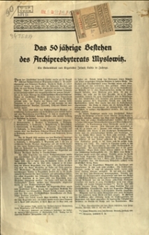 Das 50 j&auml;hrige Bestehen des Archipresbyterats Myslowitz