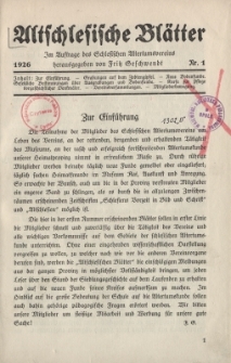 Altschlesische Bl&auml;tter 1926 : Jg.1, Nr 1