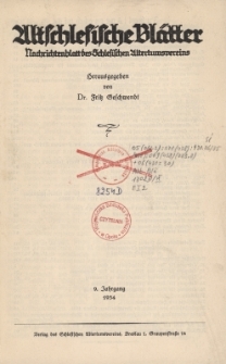 Altschlesische Bl&auml;tter 1934 : Jg.9, Inhaltsverzeichnis