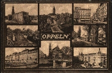 Oppeln : Rathaus, Piastenschloss, Ring und Nicolaistrasse, Promenade, Moltkestrasse, Evg. Kirche mit Schlossbr&uuml;cke, Friedrichsplatz, Schlosspark