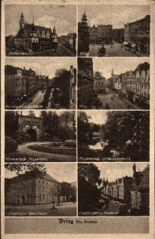 Brzeg : pocztówka wieloobrazkowa m.in. Brama Odrzańska, Miejska Kasa Oszczędnościowa, Rynek