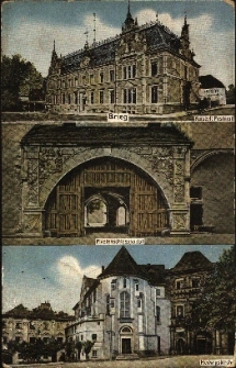 Brzeg : budynek Kr&oacute;lewskiego Urzędu Pocztowego, portal bramy wjazdowej od strony dziedzińca zamkowego, fronton zamku i kościoła pw. św. Jadwigi